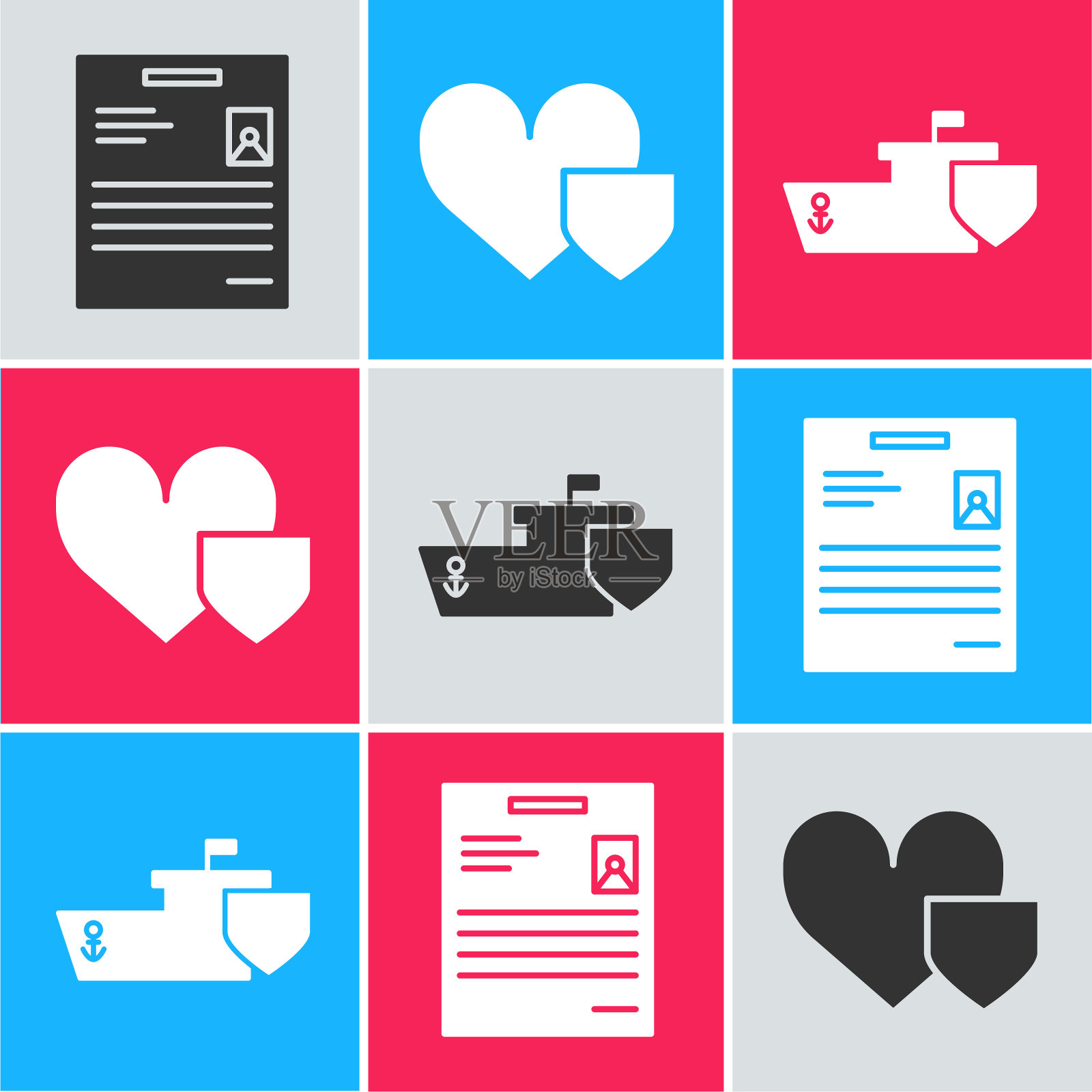 设置个人文档，心盾和船盾图标。向量插画图片素材
