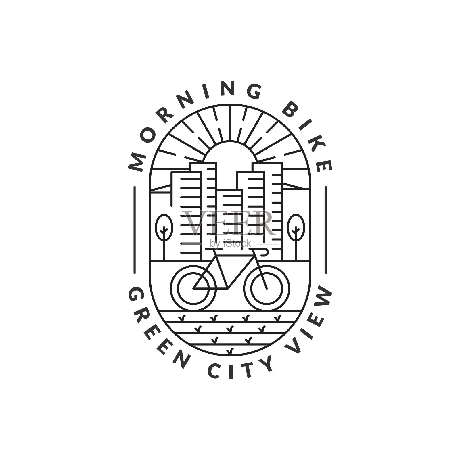 早上骑自行车在城市徽章矢量插图。城市和自行车单线或线条艺术风格插画图片素材