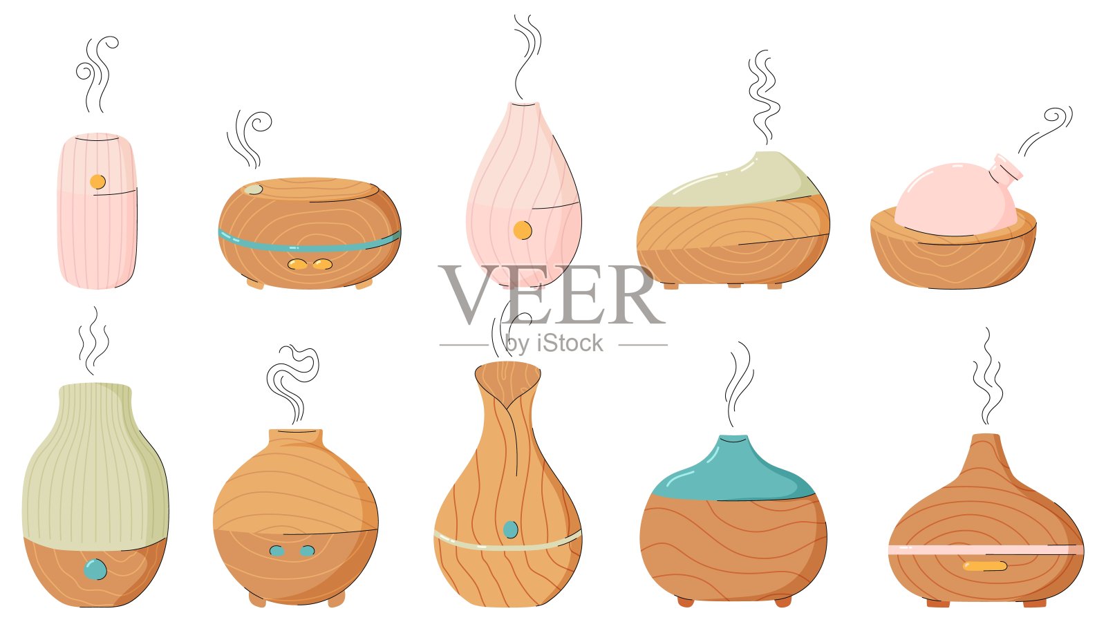 不同设计的电动芳香扩散器。健康的生活方式，自我照顾。放松时间，芳香疗法。现代手绘风格。一大堆可爱的东西。插画图片素材