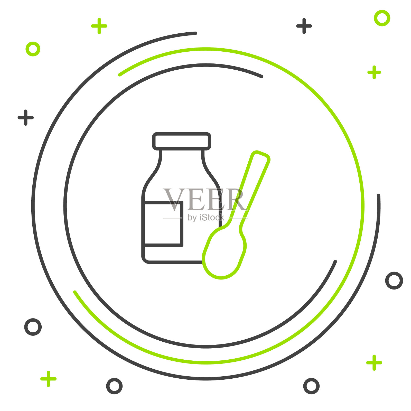 在白色背景上孤立的勺子图标瓶中饮用酸奶。色彩缤纷的轮廓概念。向量插画图片素材