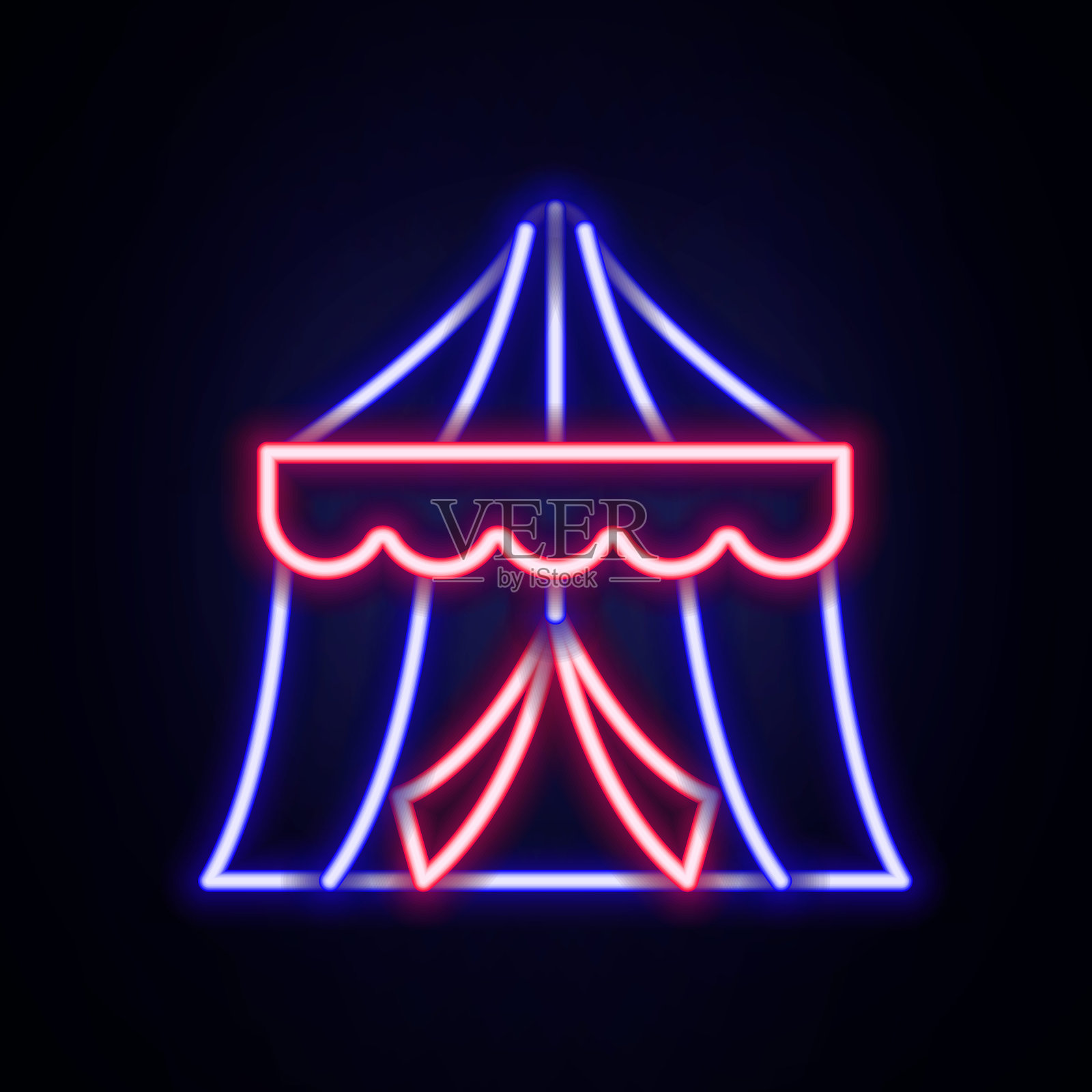 发光的霓虹灯线马戏团帐篷图标孤立的砖墙背景。狂欢节露营帐篷。游乐园。色彩缤纷的轮廓概念。向量插画图片素材