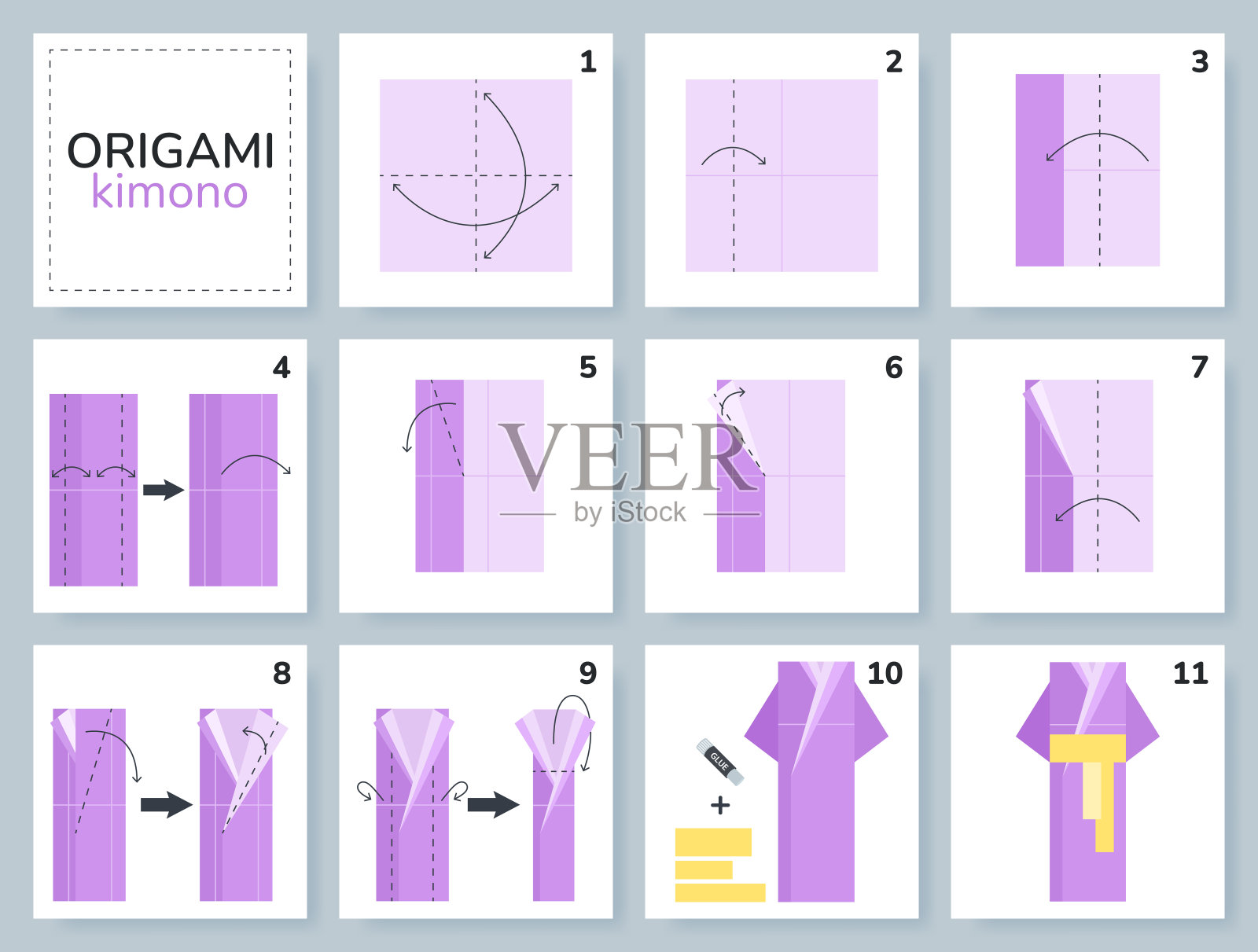 折纸教程的孩子。折纸可爱的浴袍。插画图片素材