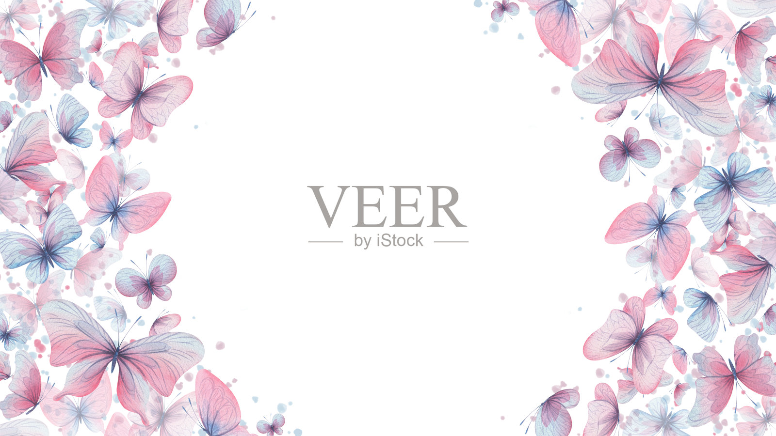 蝴蝶是粉红色的，蓝色的，淡紫色的，飞翔着，精致的翅膀和溅上的颜料。手绘水彩插图。框架，横幅，模板在一个白色的背景，为设计。插画图片素材