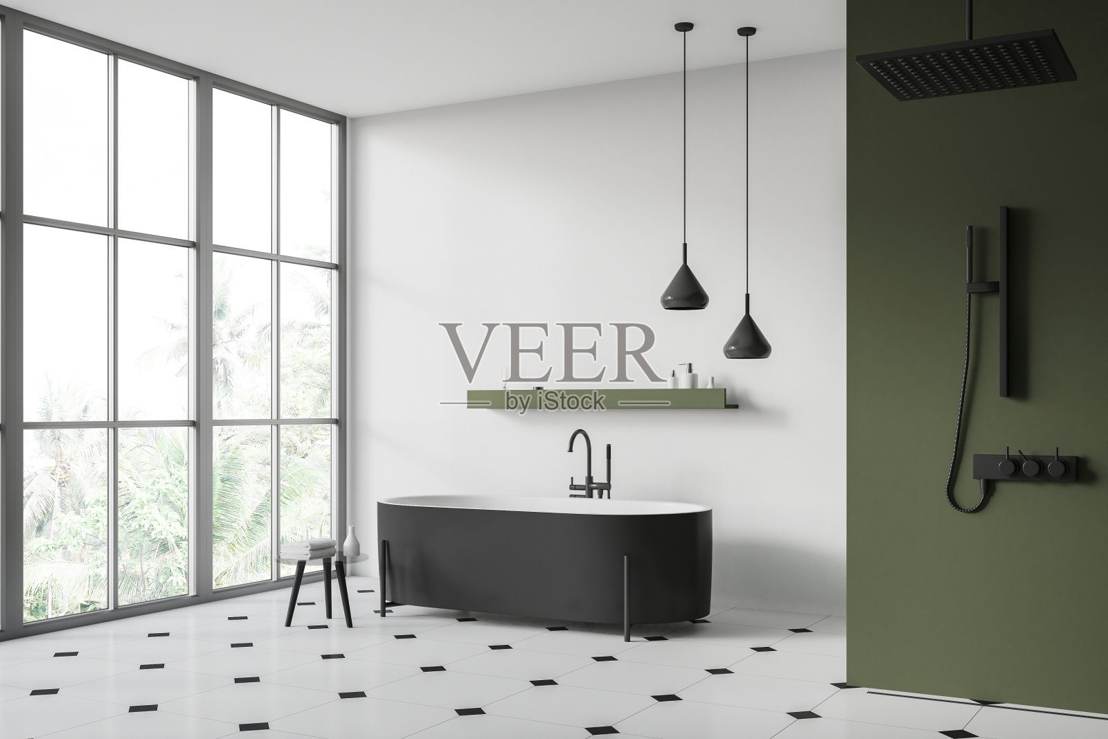 时尚的酒店浴室内部配有浴缸和淋浴，全景窗户照片摄影图片