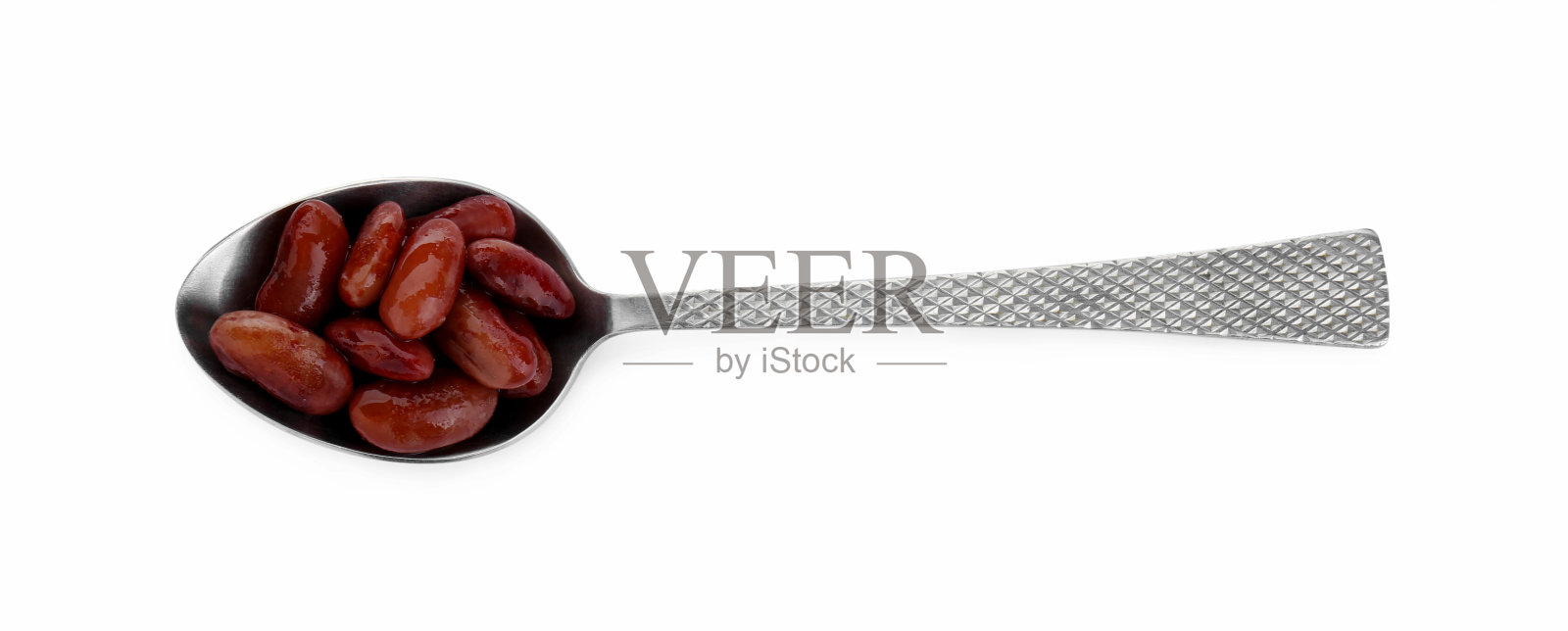 一勺芸豆罐头，白色背景，俯视图照片摄影图片