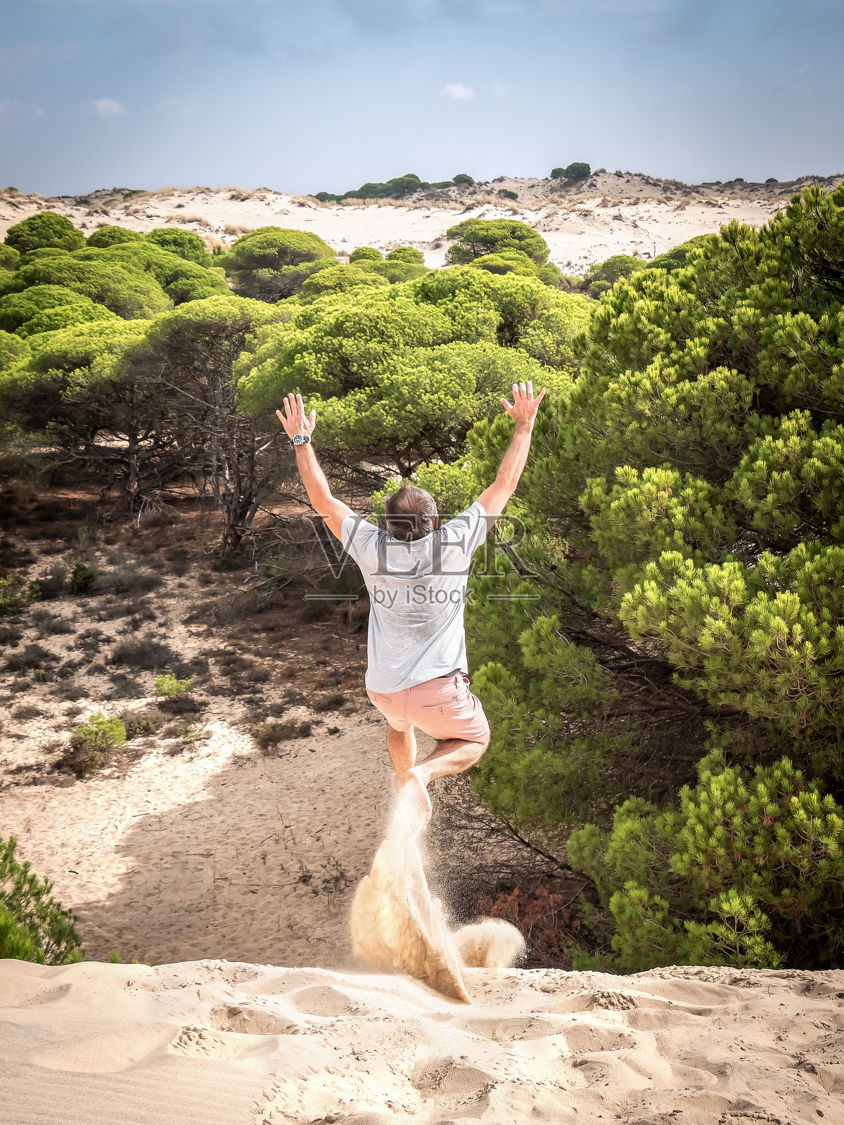 一个人在沙丘的沙子上跳跃，背景是树。照片摄影图片