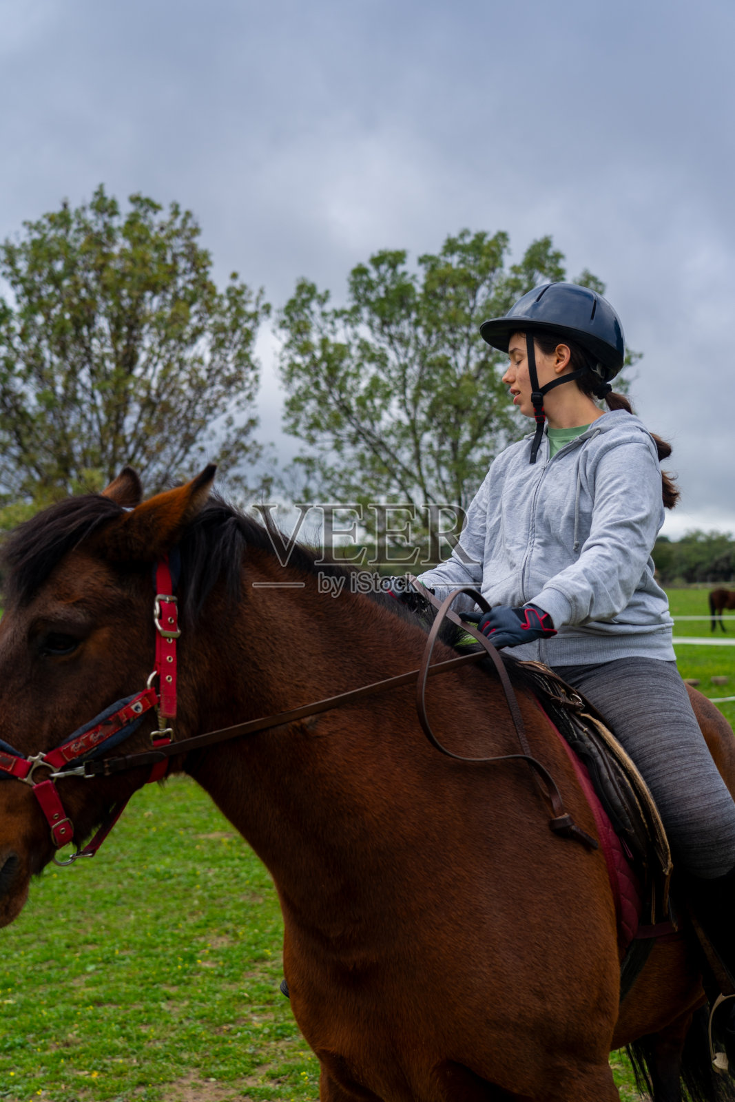 一名妇女在马治疗中心骑马照片摄影图片