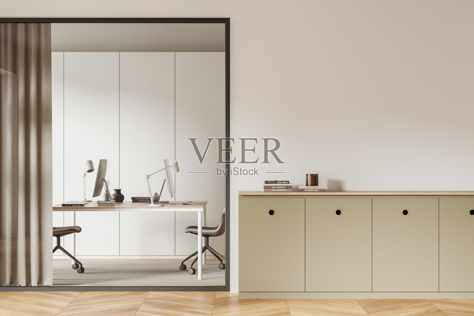 时尚的共同工作室内与pc显示器和装饰抽屉。模型墙照片摄影图片