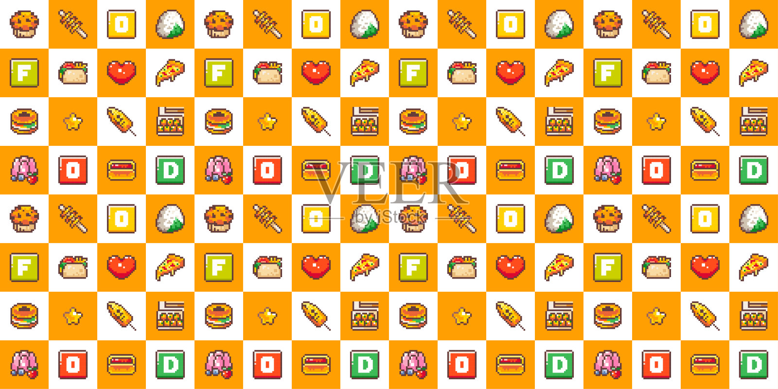 快餐无缝图案的像素艺术复古8位风格。卡通小吃和膳食元素的咖啡馆，餐厅装修。橙色矢量游戏街机图案。披萨，饭团，墨西哥卷饼，烤串，甜点。插画图片素材