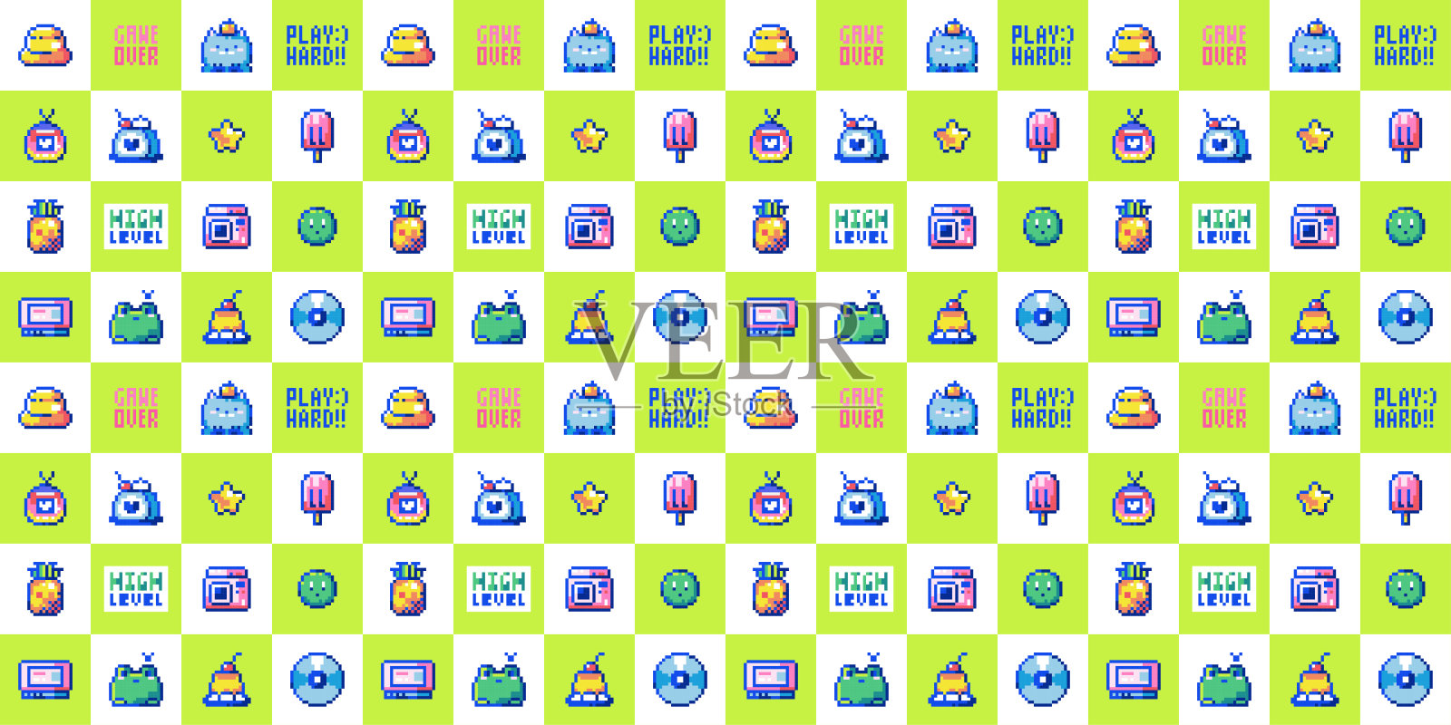 复古Y2K像素艺术无缝图案。猫，青蛙，CD播放器，和冰淇淋- 8位矢量设计的孩子壁纸和夏季装饰。插画图片素材