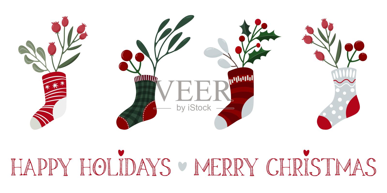 一套卡通可爱的圣诞袜集与冬季花卉。花束构图插画图片素材