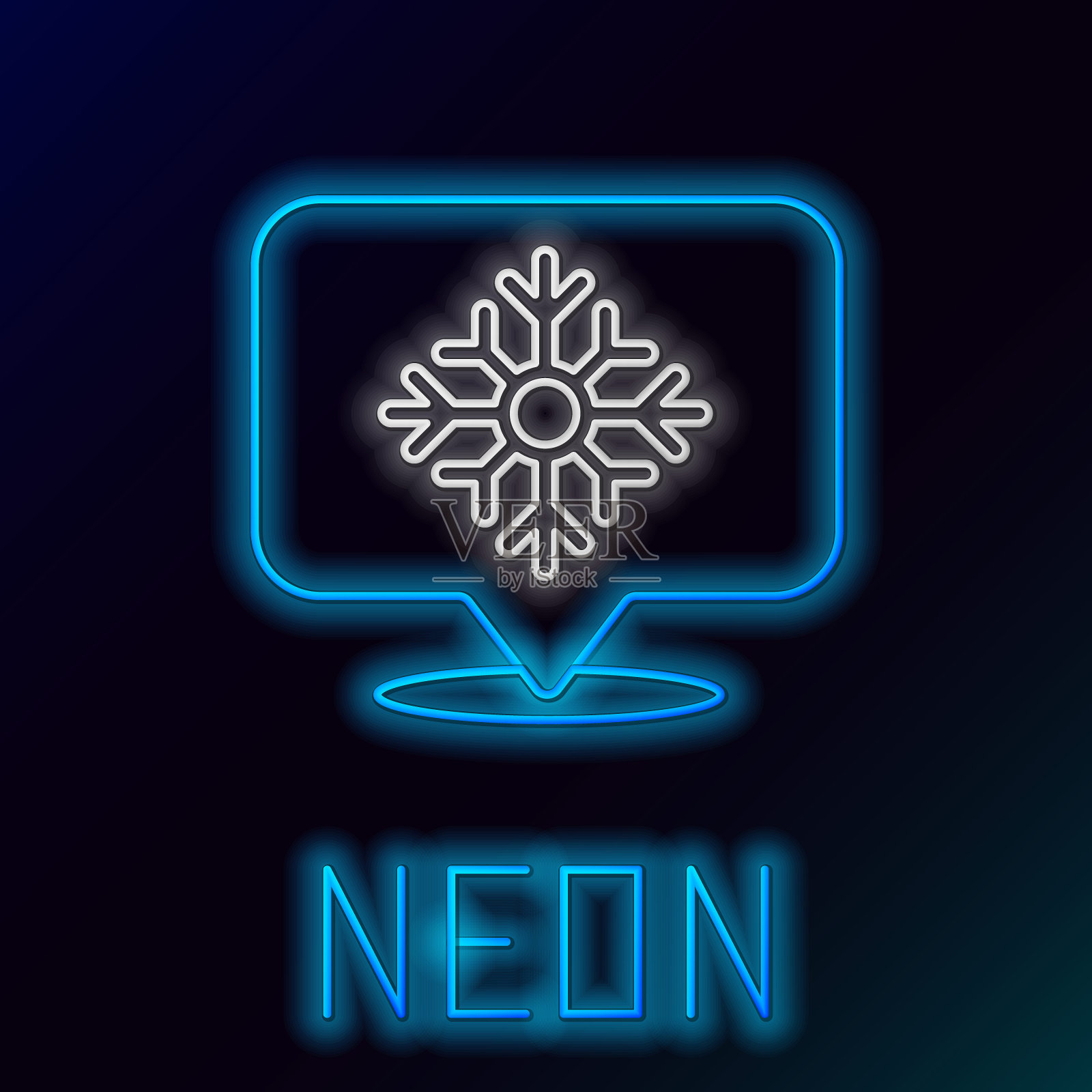 发光的霓虹线雪花与语音气泡图标孤立的黑色背景。圣诞快乐，新年快乐。色彩缤纷的轮廓概念。向量插画图片素材