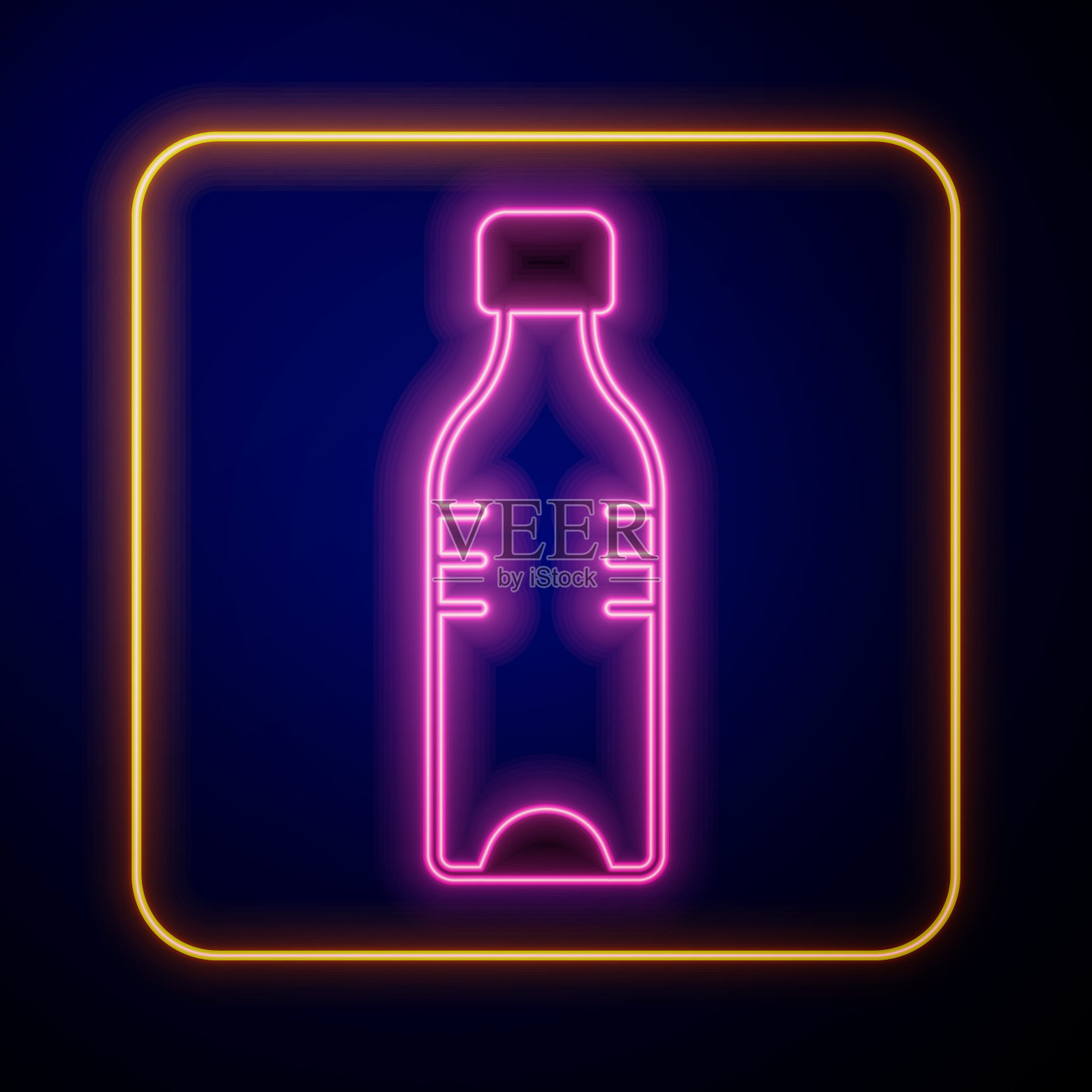 发光的霓虹灯瓶水图标孤立的黑色背景。苏打水饮料的标志。向量插画图片素材