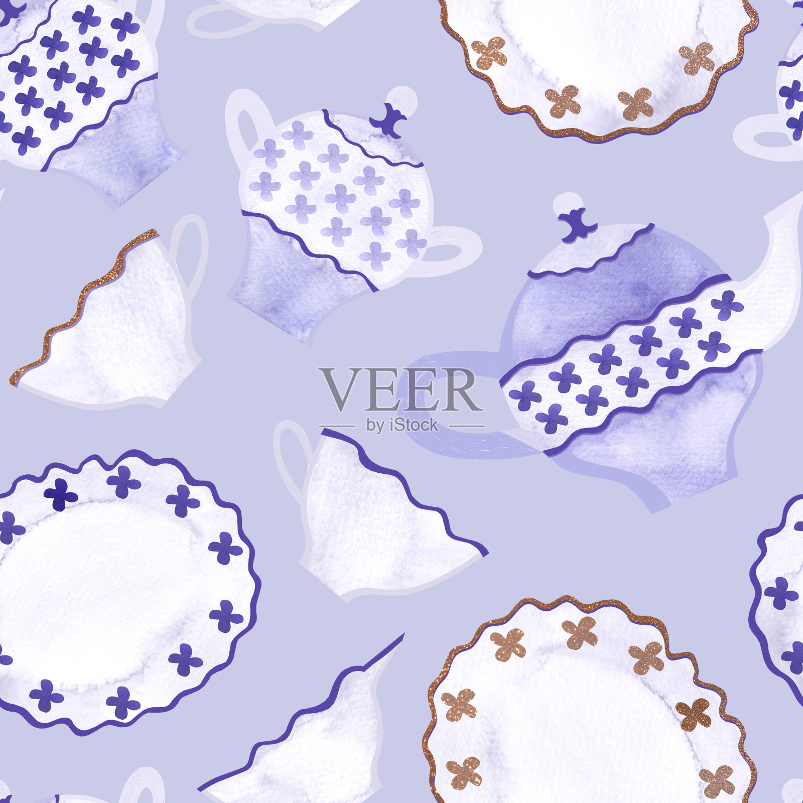 早餐:茶、咖啡、牛角面包、松饼、水壶、杯子。无缝水彩图案上的蓝色背景。插画图片素材