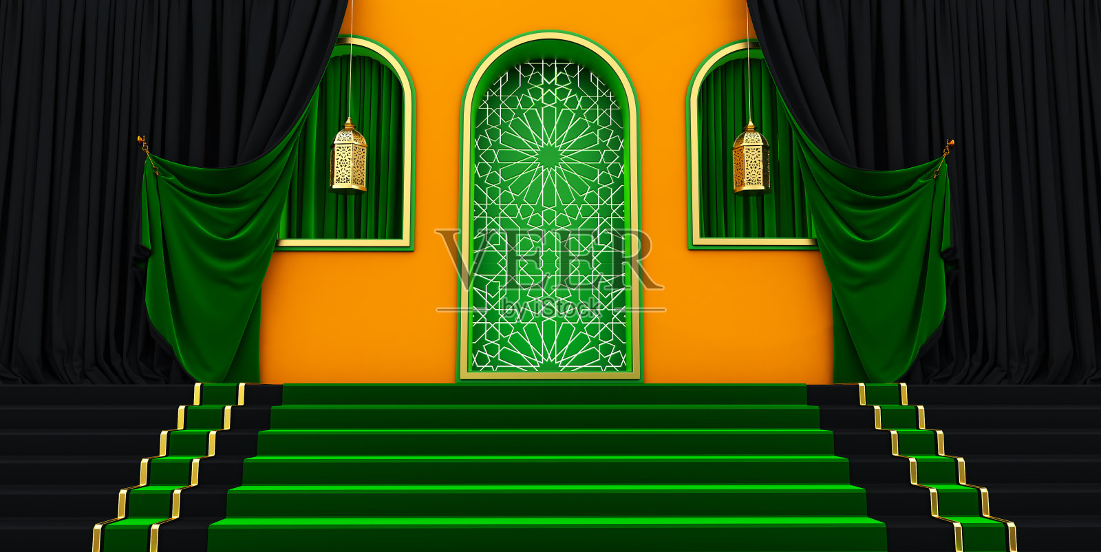 黄色墙壁上金色的阿拉伯装饰，伊斯兰门。伊斯兰VIP概念，斋月，开斋节，红色窗帘照片摄影图片