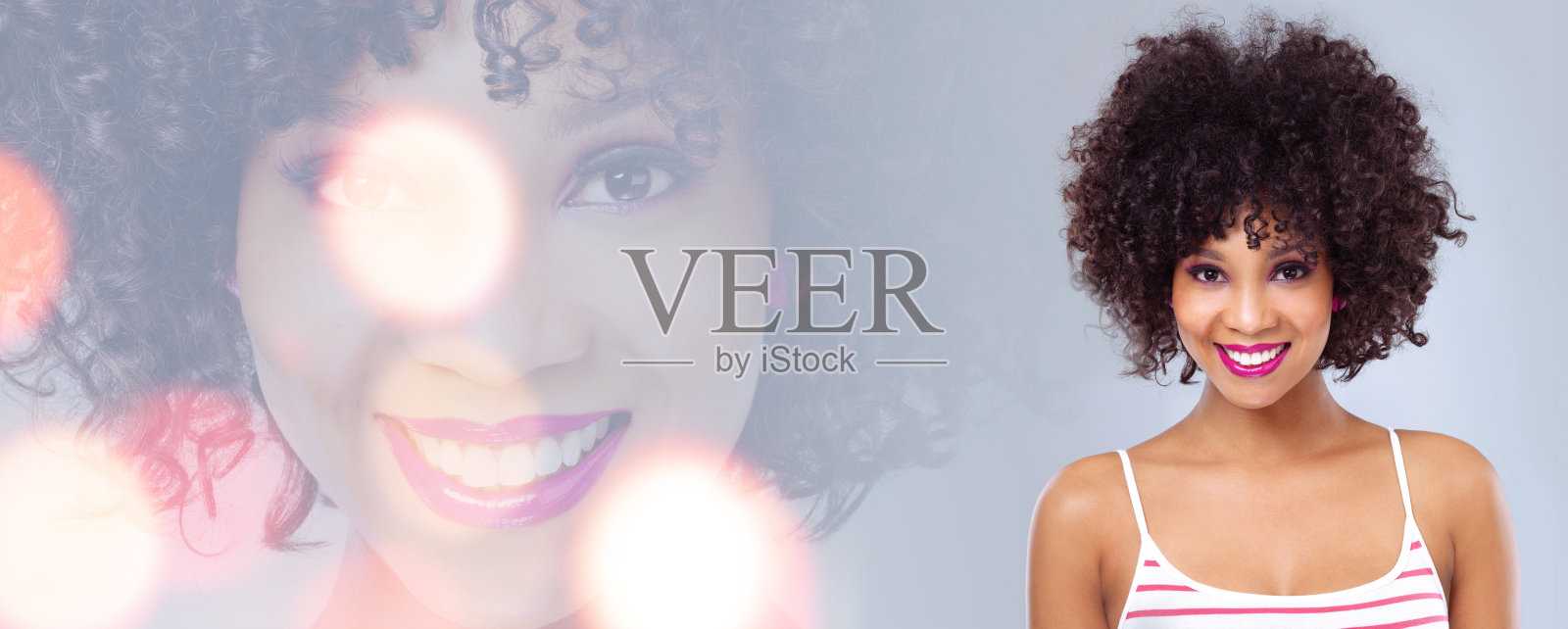 美丽，散景和肖像的快乐的女人在模型化妆品，护肤或时尚发光。横幅，海报和覆盖，模特脸上的微笑和信息空间化妆技巧，福利或促销照片摄影图片