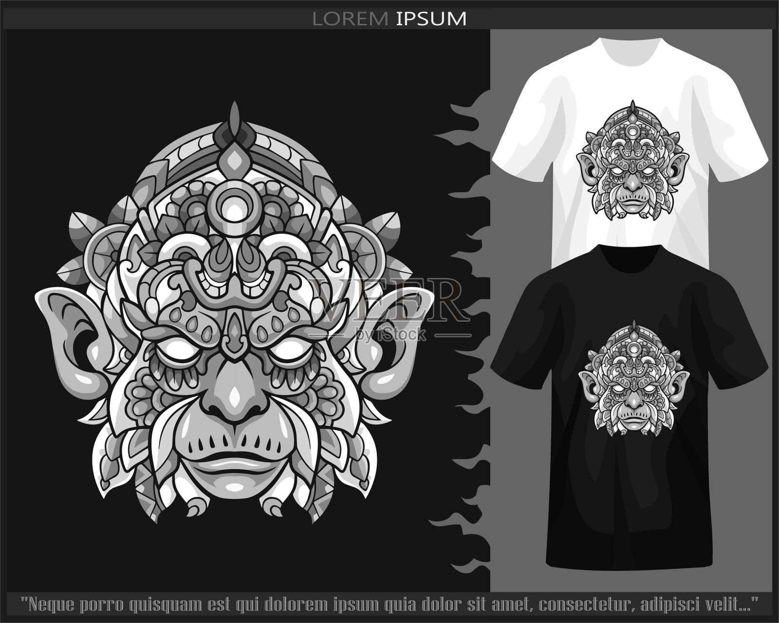 汉曼头单色曼陀罗艺术孤立在黑白t恤上。插画图片素材