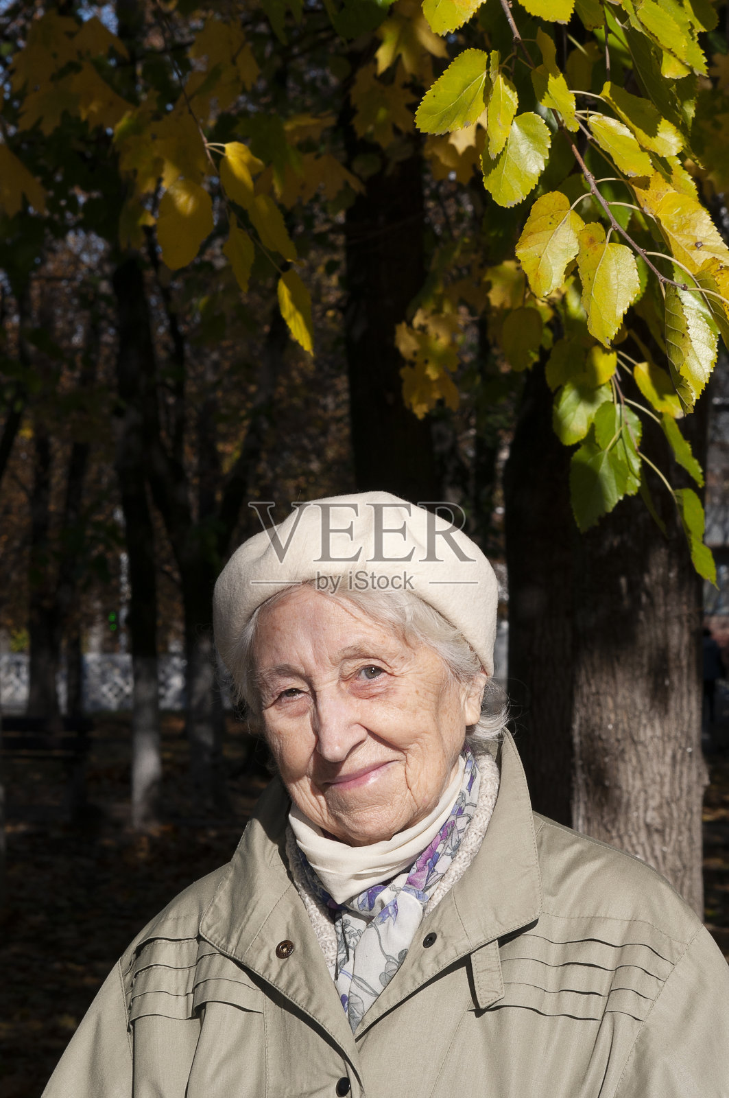 在秋天的公园里，一位白发苍苍、面带微笑的老妇人。快乐晚年，漫步大自然照片摄影图片