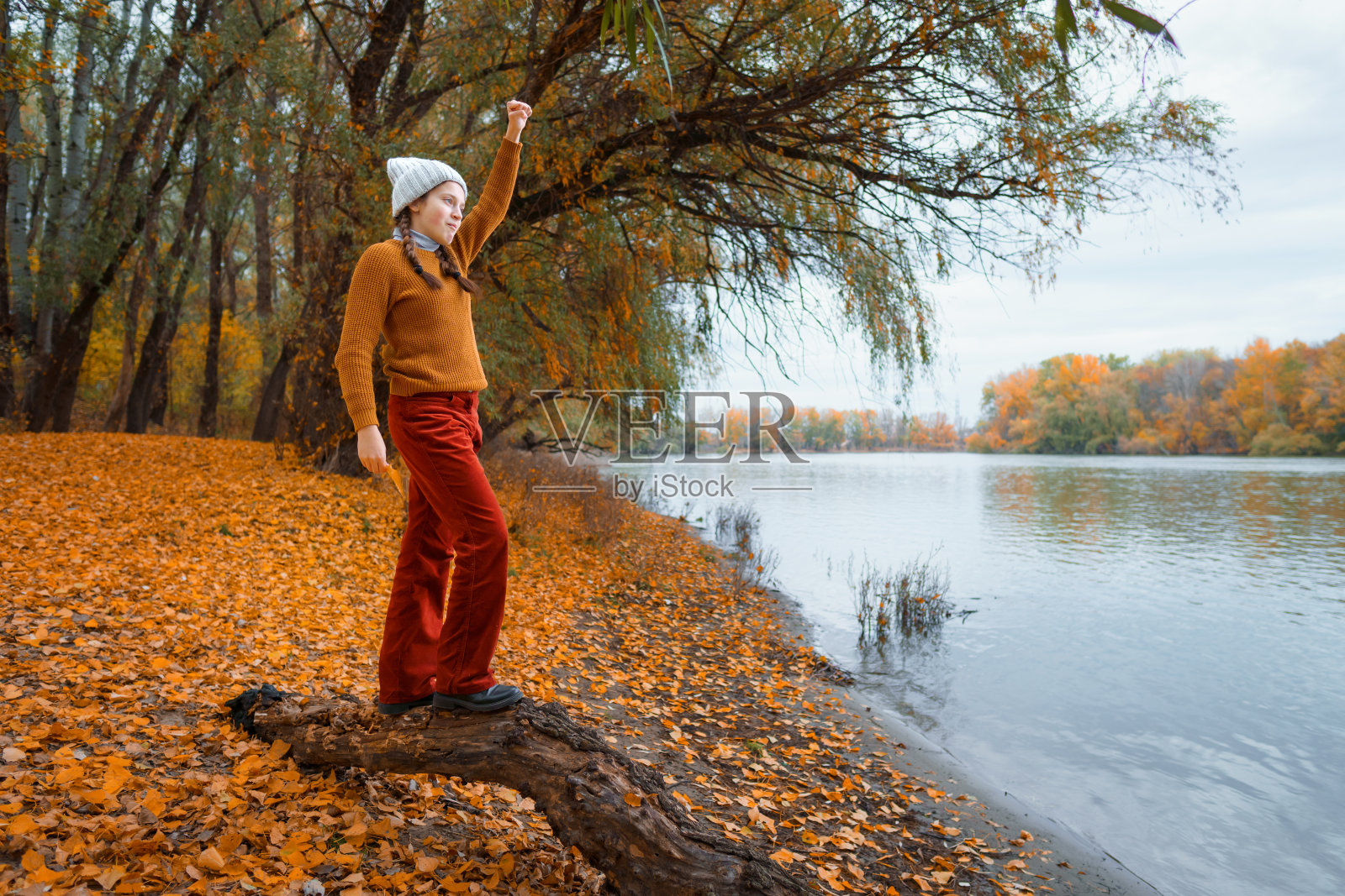 一个十几岁的女孩在秋天的森林里摆姿势，站在河边的一棵倒下的树上，美丽的大自然和明亮的黄色叶子照片摄影图片