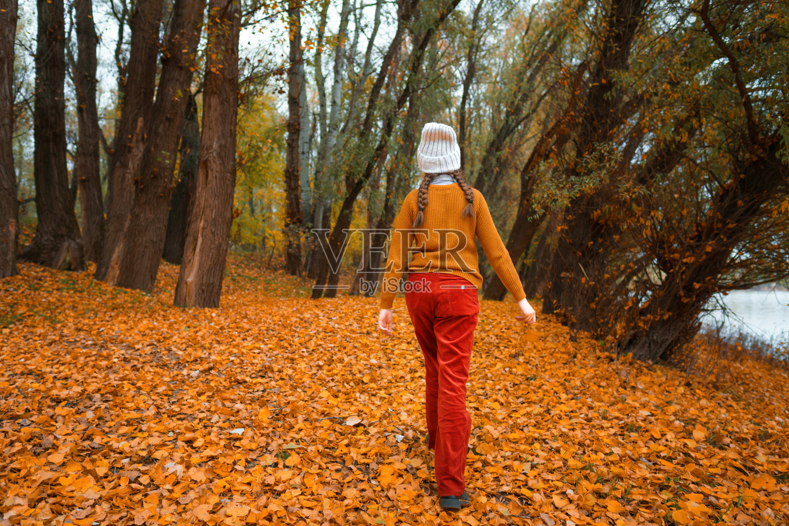 一个十几岁的小女孩走过秋天的森林，走过一片林间空地，欣赏着美丽的大自然和嫩黄的树叶照片摄影图片
