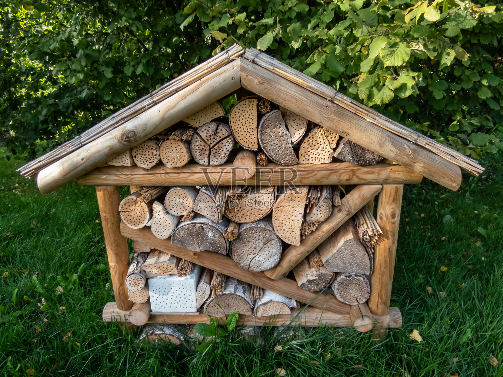 昆虫旅馆或昆虫屋——在绿色植被中为昆虫提供庇护的不同截面的人造木结构照片摄影图片