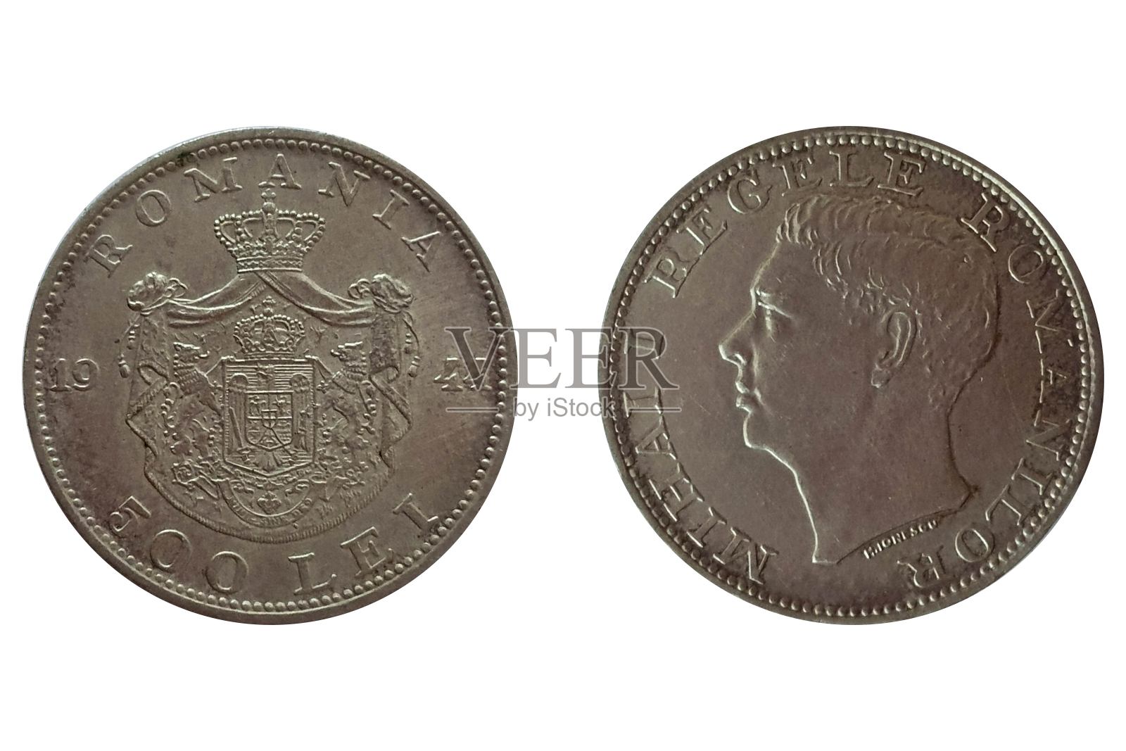 500雷1944米海1号罗马尼亚硬币。米亥一世半身像朝左。反向照片摄影图片