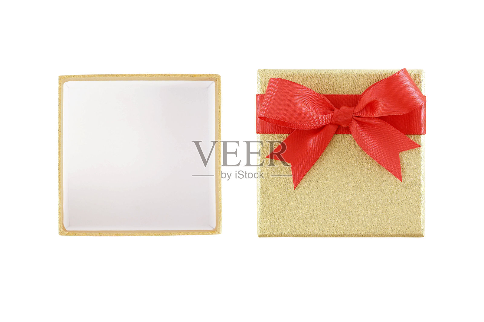 打开空的豪华金礼盒与红丝带蝴蝶结孤立的白色背景照片摄影图片