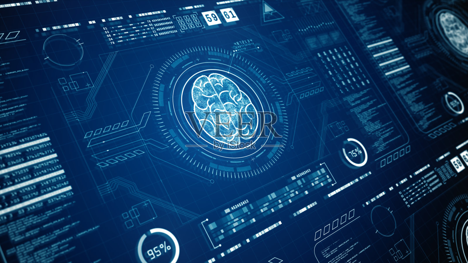深度学习计算机技术，HUD未来用户界面的人工智能概念与大脑图标，未来科技创新，科技数字化背景。三维渲染照片摄影图片