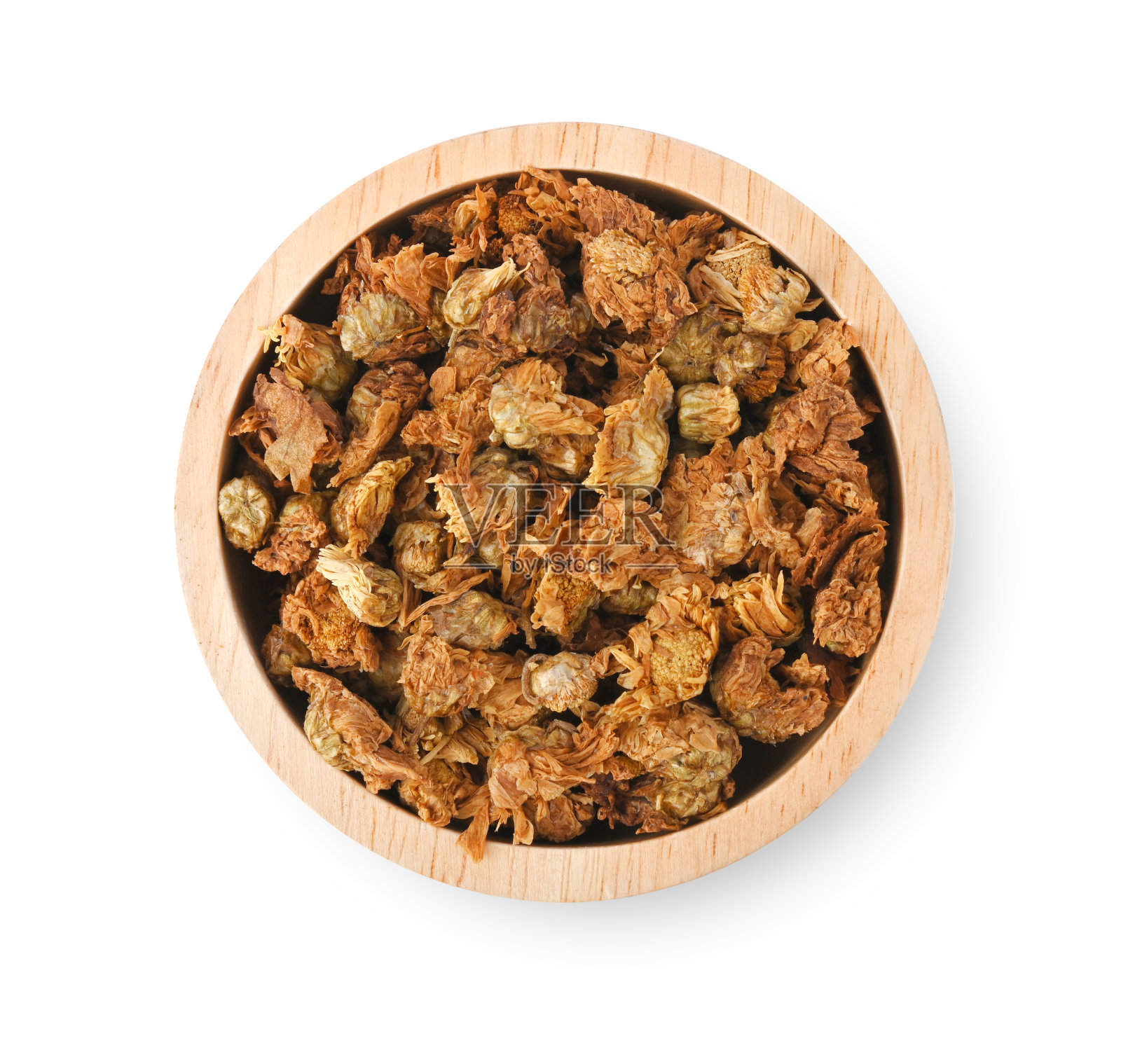 干菊花芽为木碗上的凉茶，干菊花黄色孤立在白色背景上照片摄影图片