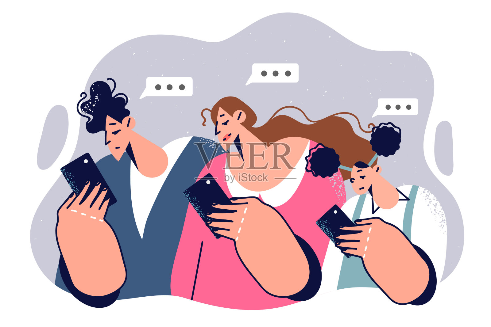 家人看着智能手机，沉迷于数字，挥手示意交流插画图片素材