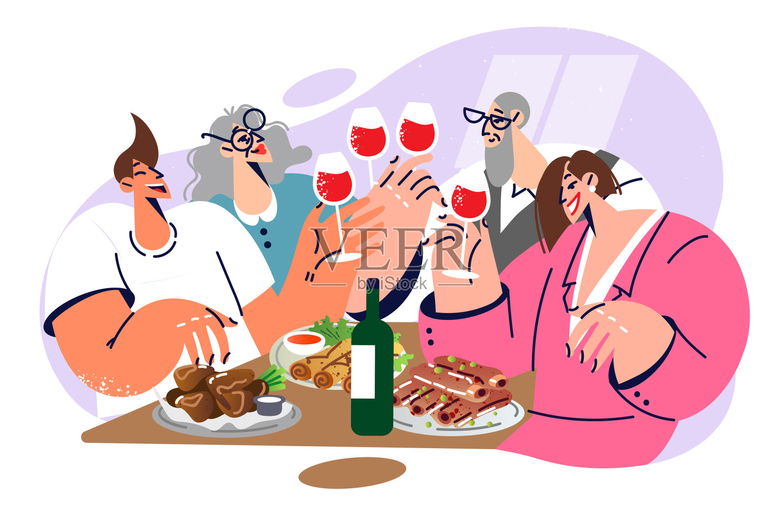 一个大家庭的节日盛宴，有美酒和美味的晚餐庆祝周末插画图片素材