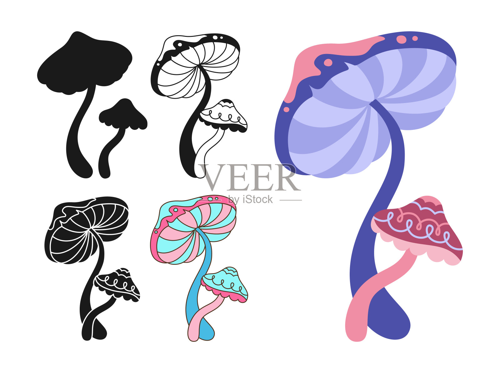 蘑菇迷幻奇幻集卡通剪影形状涂鸦华丽超现实精神菌类插画图片素材
