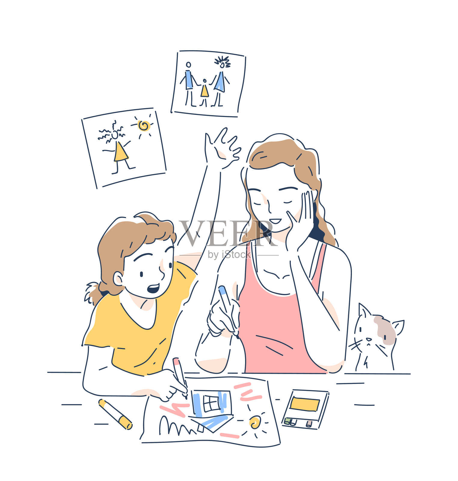 母亲和女儿在自然矢量涂鸦插画图片素材