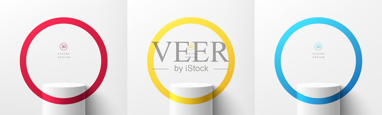 一套3D逼真的白色圆柱形领奖台，配以红、黄、蓝三色圆圈环景。抽象的最小模型或产品展示演示，舞台展示。平台矢量几何设计插画图片素材