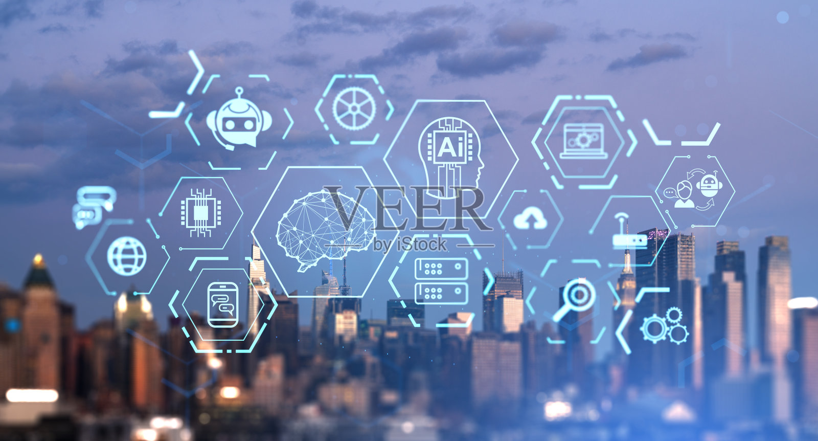 纽约摩天大楼和人工智能图标全息图，未来技术和研究照片摄影图片