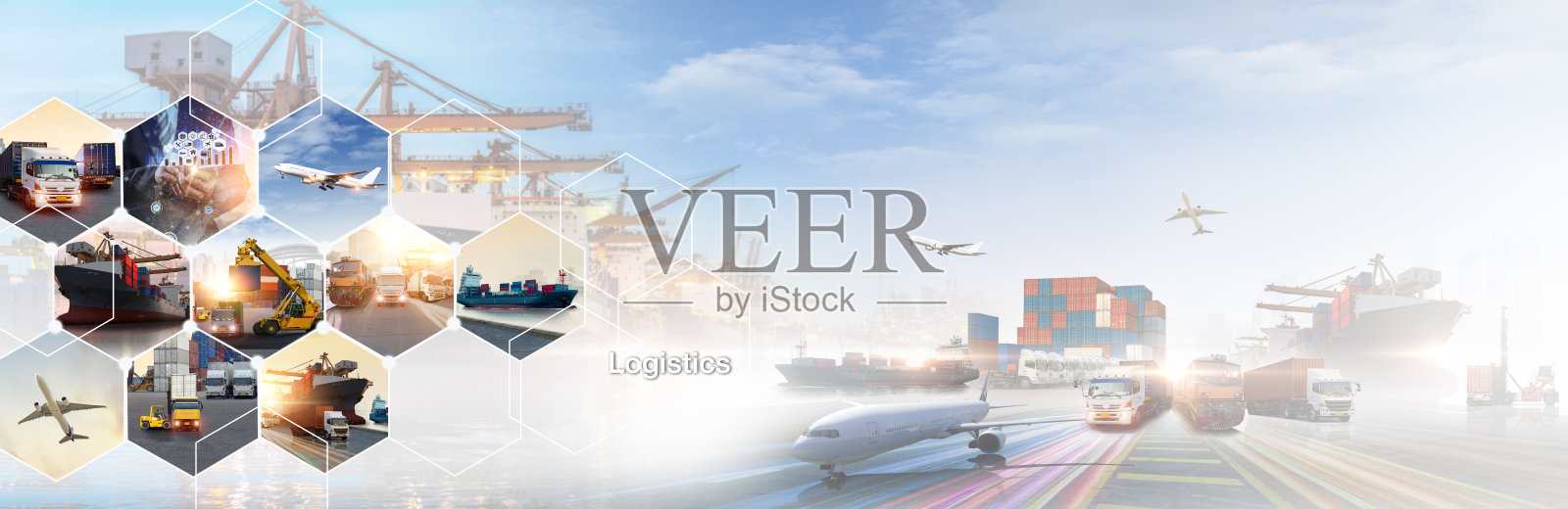 智能物流与运输理念，运输与物流网络配送增长。集装箱货船和卡车工业货物的进出口货运工业背景照片摄影图片