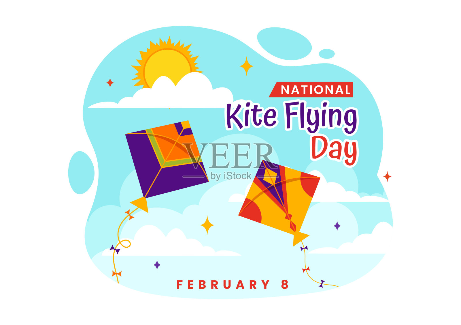 2月8日全国风筝放飞日矢量插图在平面卡通背景设计的夏季休闲活动晴天背景插画图片素材