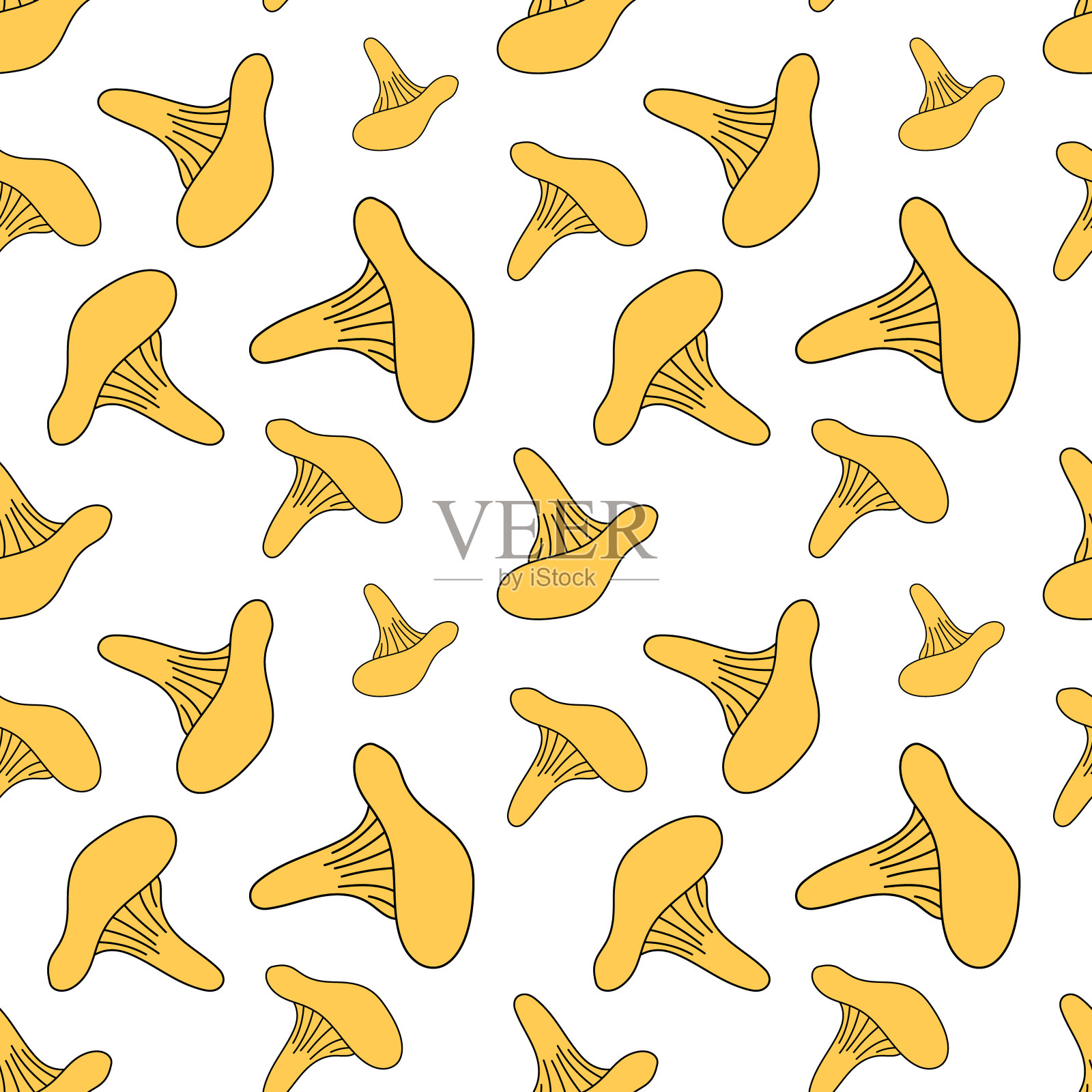 黄色蘑菇无缝鸡油菌图案在涂鸦风格矢量插图。插画图片素材