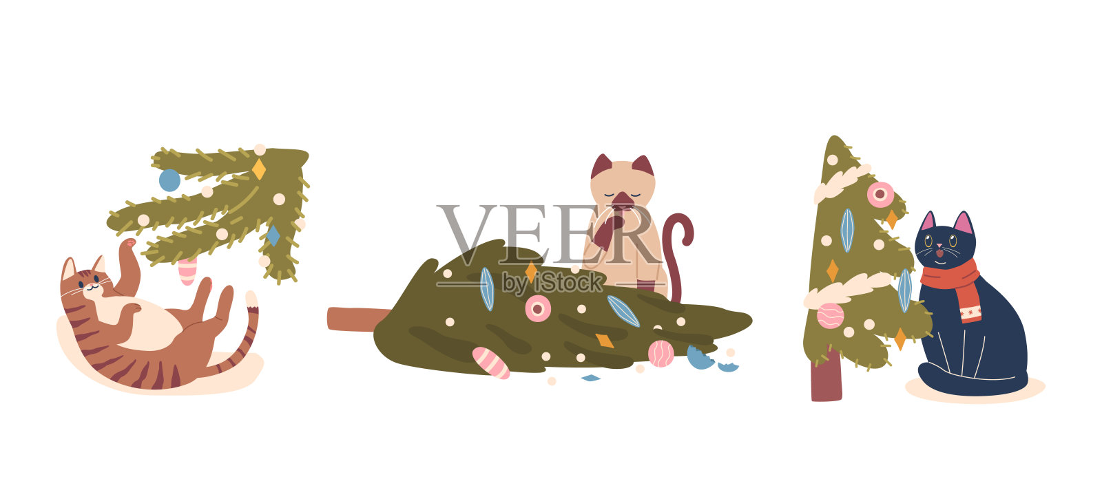 卡通圣诞猫人物在装饰的节日树中快乐地嬉戏，制造混乱，矢量插图插画图片素材