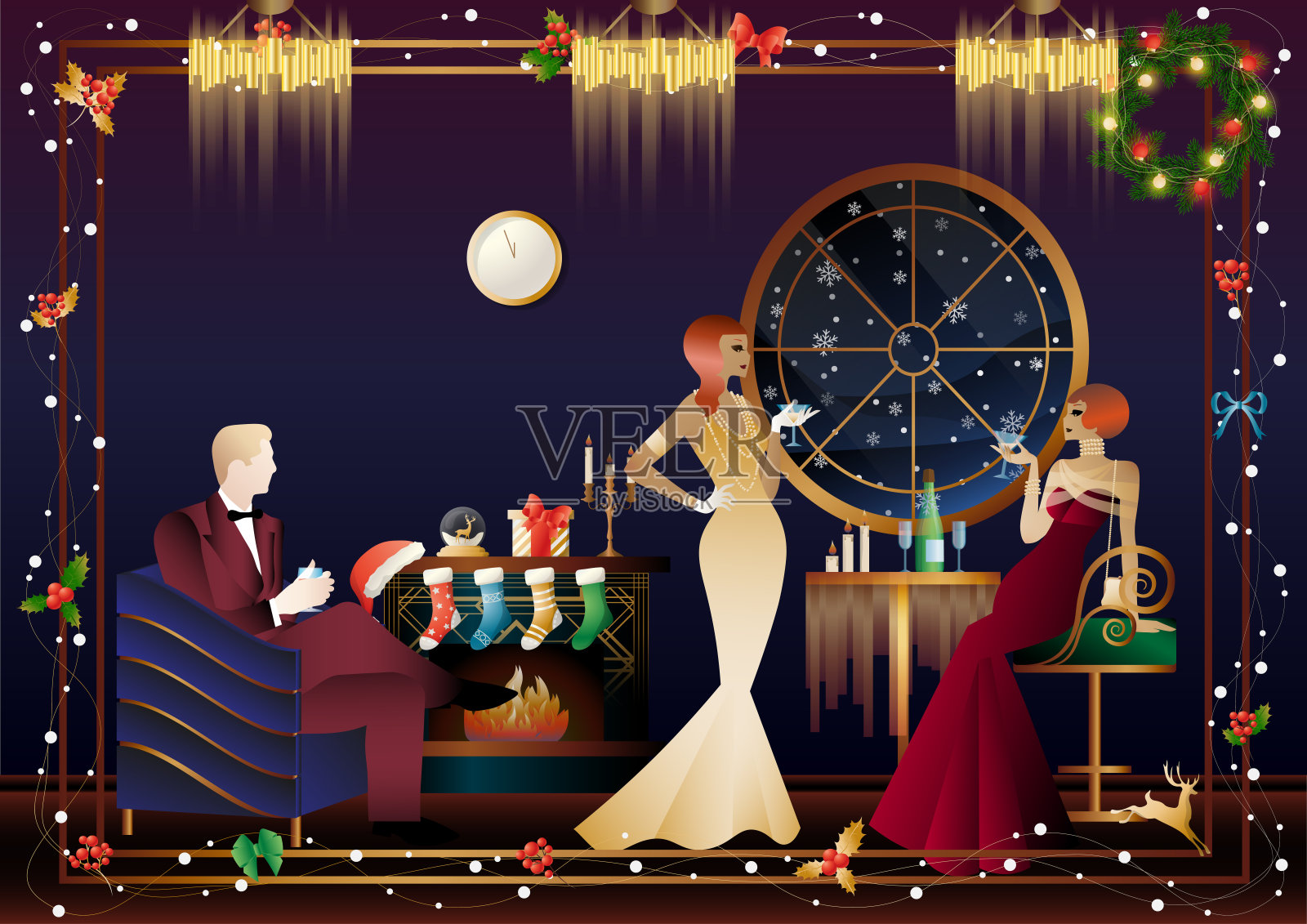 穿着讲究的人们站在装饰好的壁炉旁插画图片素材