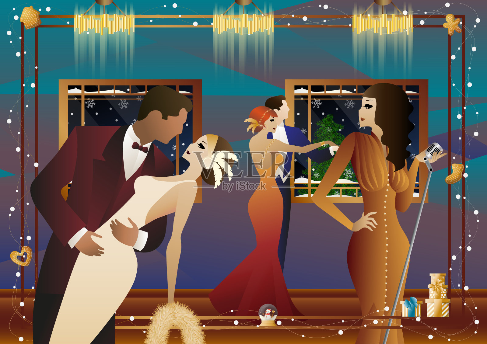 一个穿着复古连衣裙的年轻女子在窗口拿着一个复古的麦克风插画图片素材