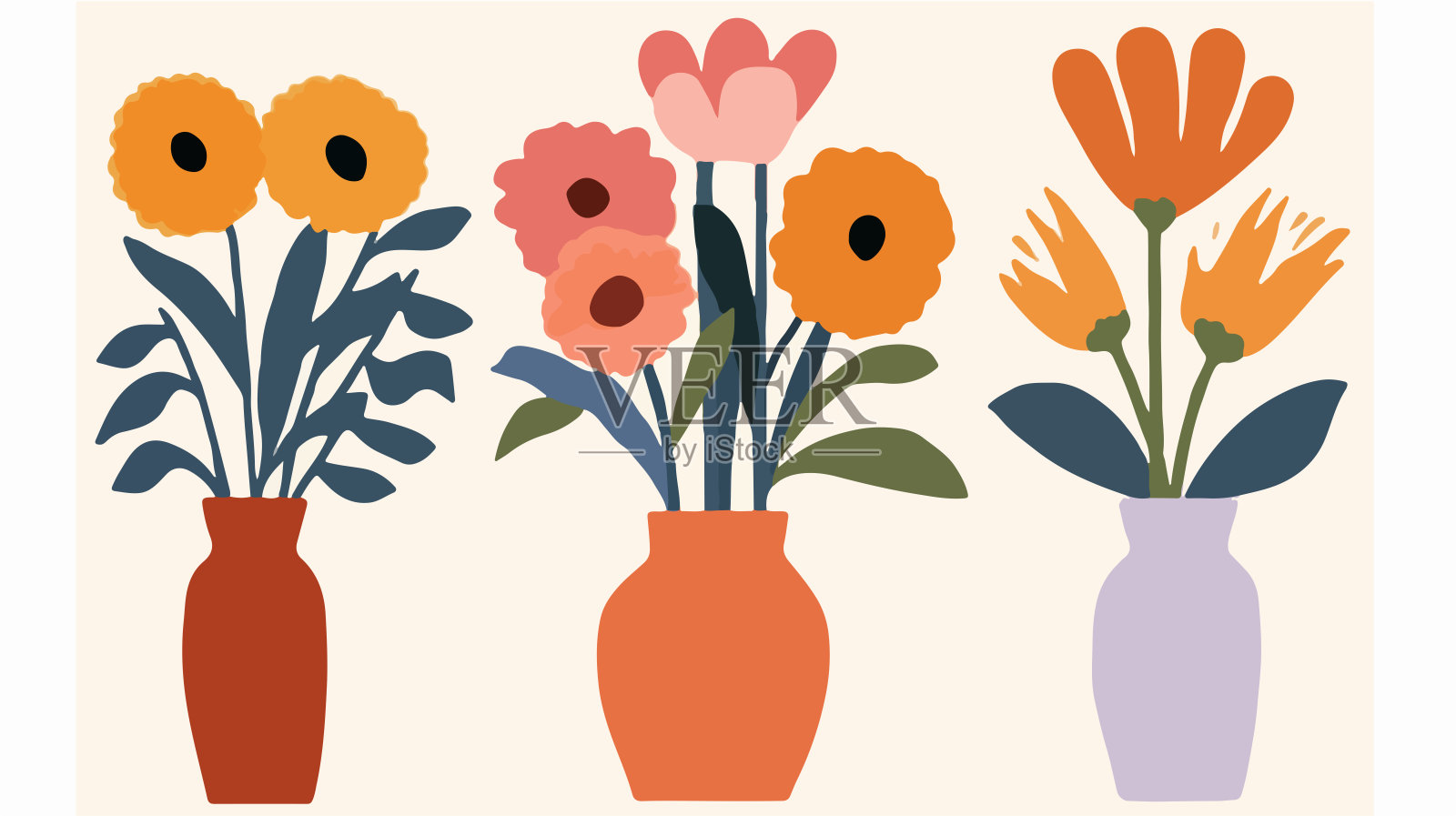 矢量彩色鲜花在花瓶收集，波西米亚花瓶与鲜花集，波西米亚花在花瓶收集插画图片素材