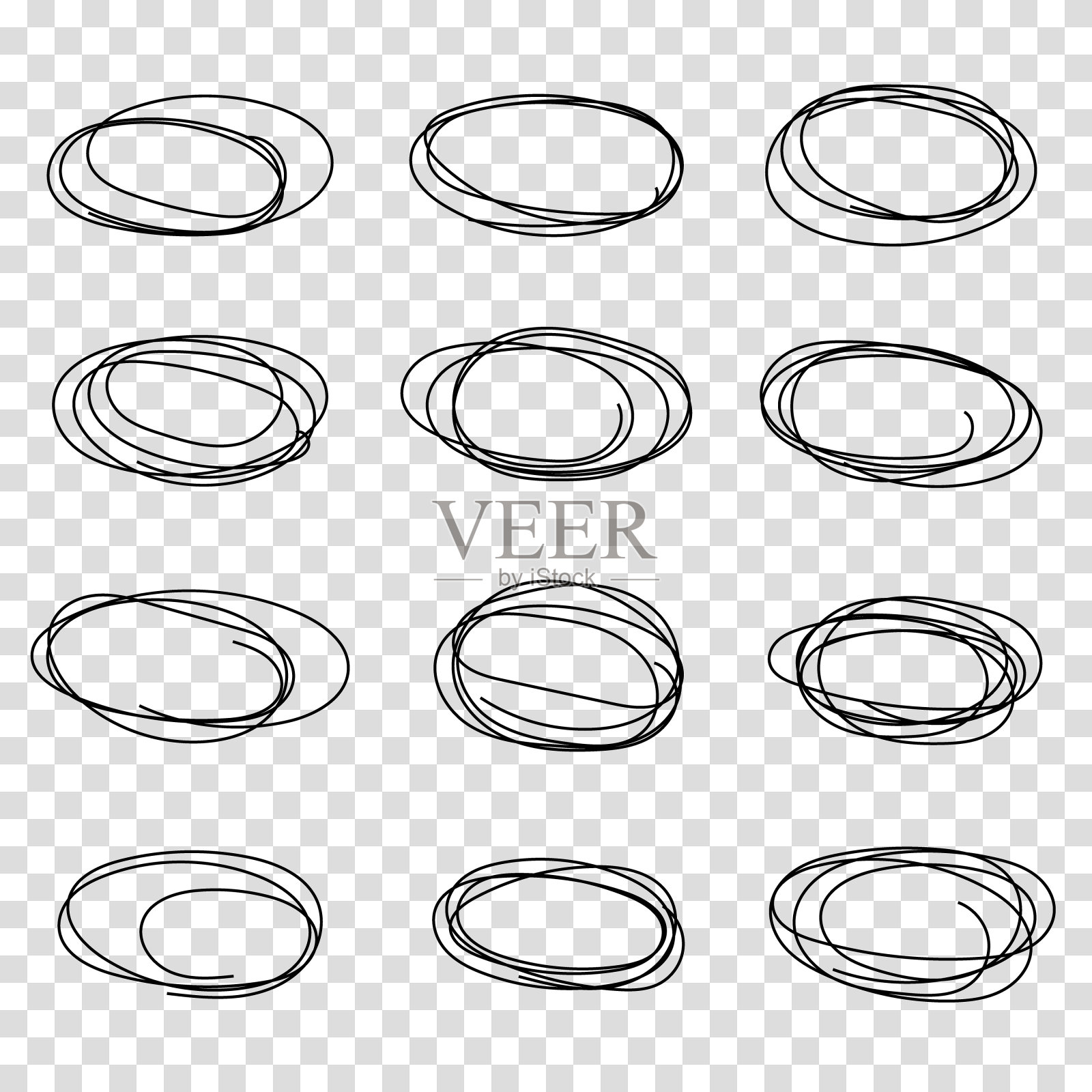 手绘抽象grunge框架和边界元素。矢量抽象手绘铅笔集涂鸦椭圆和椭圆形。涂鸦勾勒出高亮的圆圈或圆环。黑笔画。插画图片素材