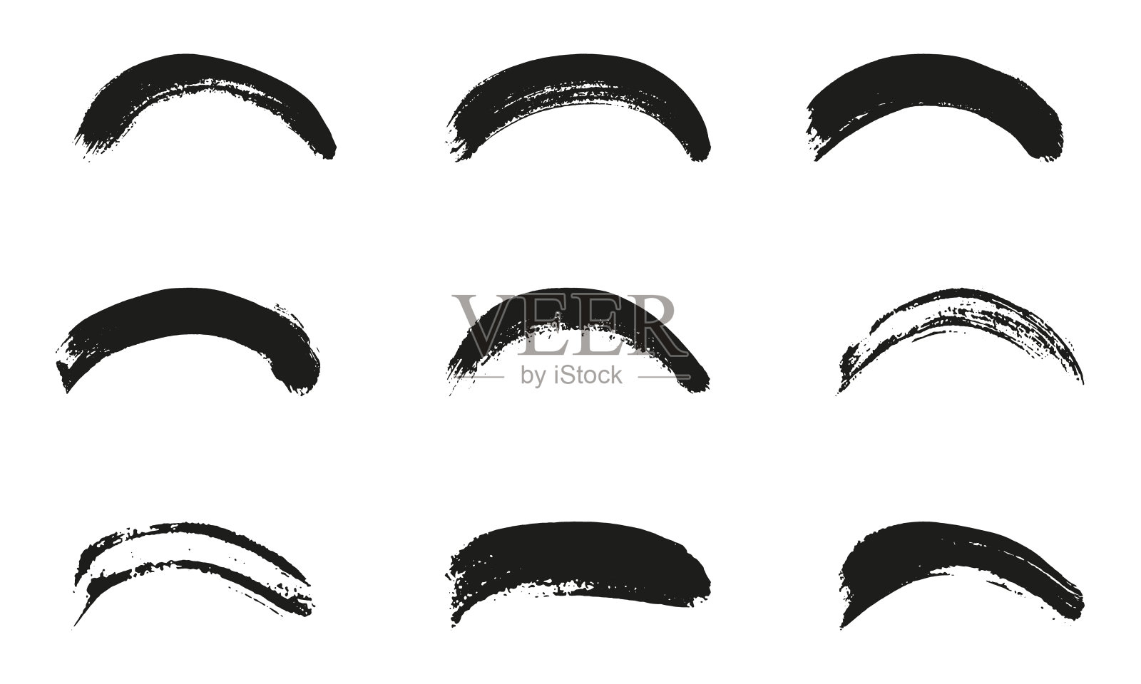 绘制Grunge波浪形状，半圆模板背景。圆形笔触。圆笔触，粗糙的纹理。黑色画笔。抽象图形元素。孤立矢量图插画图片素材