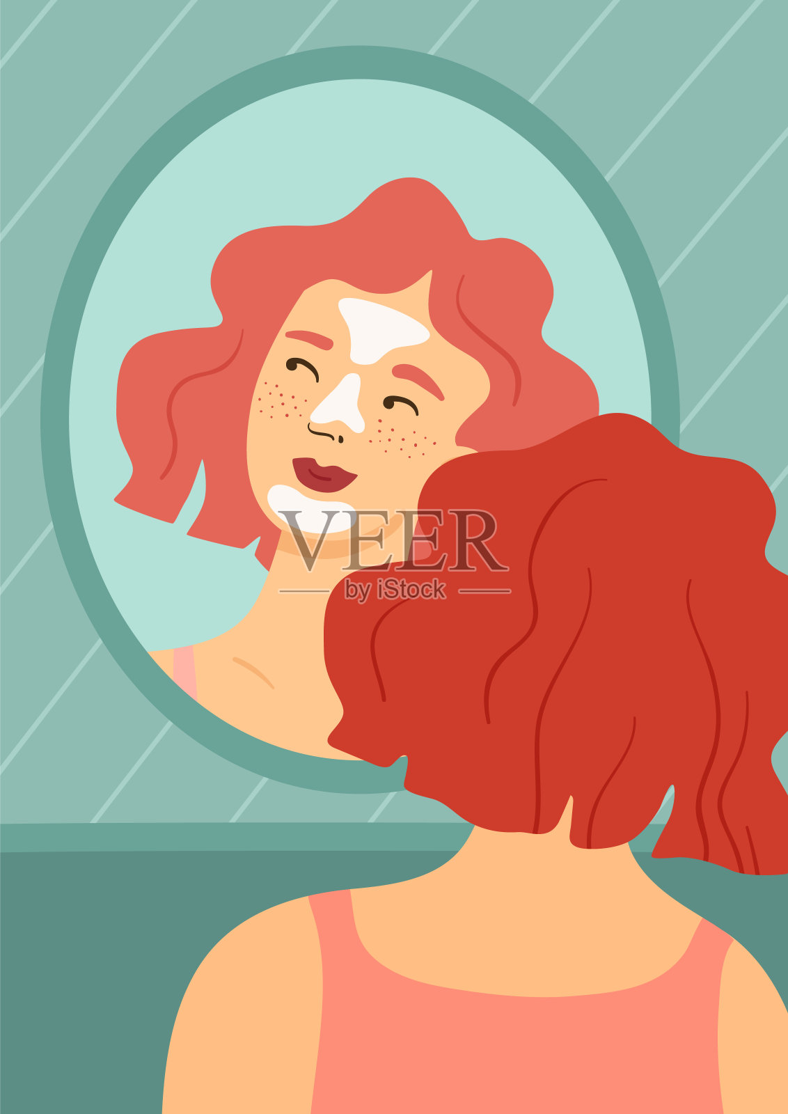 美容习惯。敷面膜的女士。女孩看着镜子。日常皮肤护理卫生程序。女性反映。家里的浴室。女士后视图。美容膏。向量的概念插画图片素材