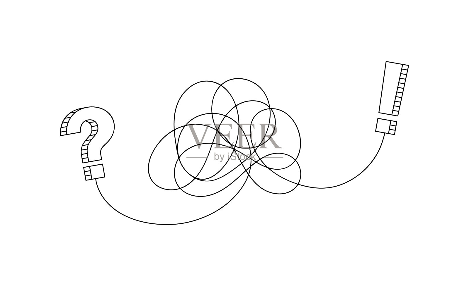 FAQ概念，搜索答案。问号和感叹号用一条纠结的线连在一起。问题、答案、搜索的概念。矢量图插画图片素材