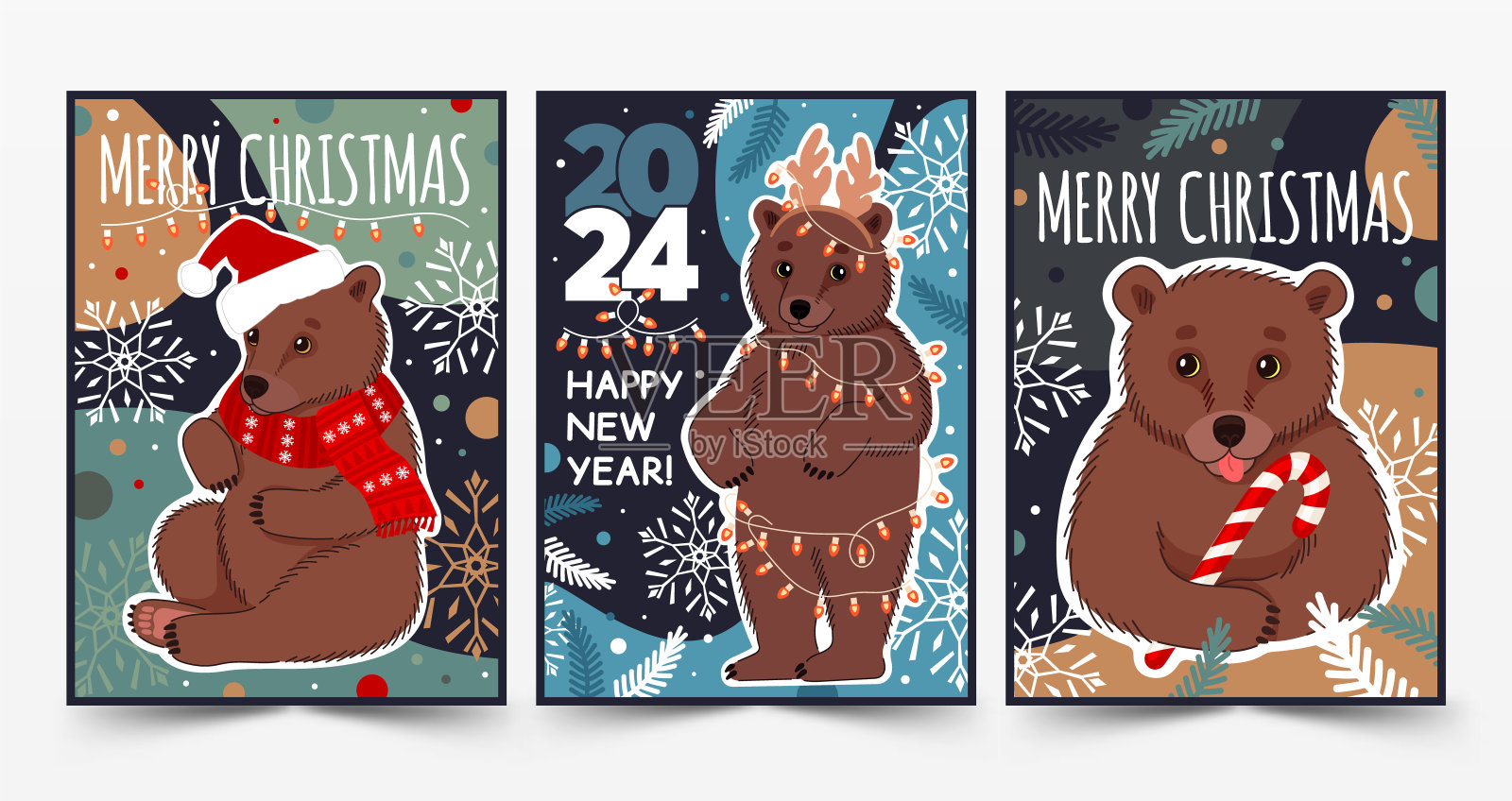 圣诞快乐和新年快乐的海报与可爱的熊和冬天的元素。矢量平面插图在时尚的颜色。插画图片素材