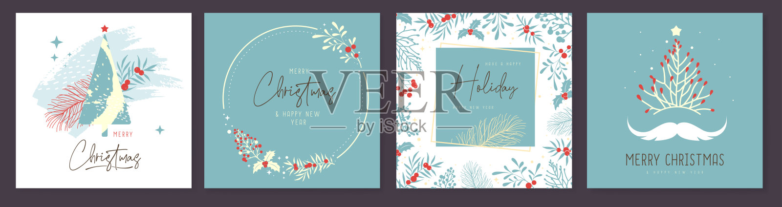 一套圣诞节日贺卡或封面与圣诞花卉装饰。矢量图插画图片素材