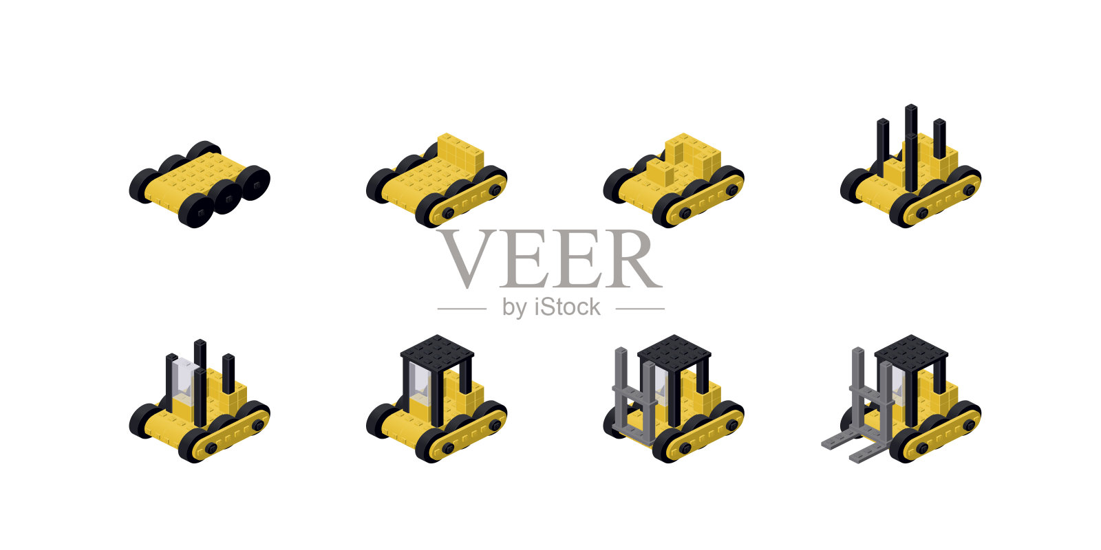 一步一步地用积木搭建叉车。向量插画图片素材