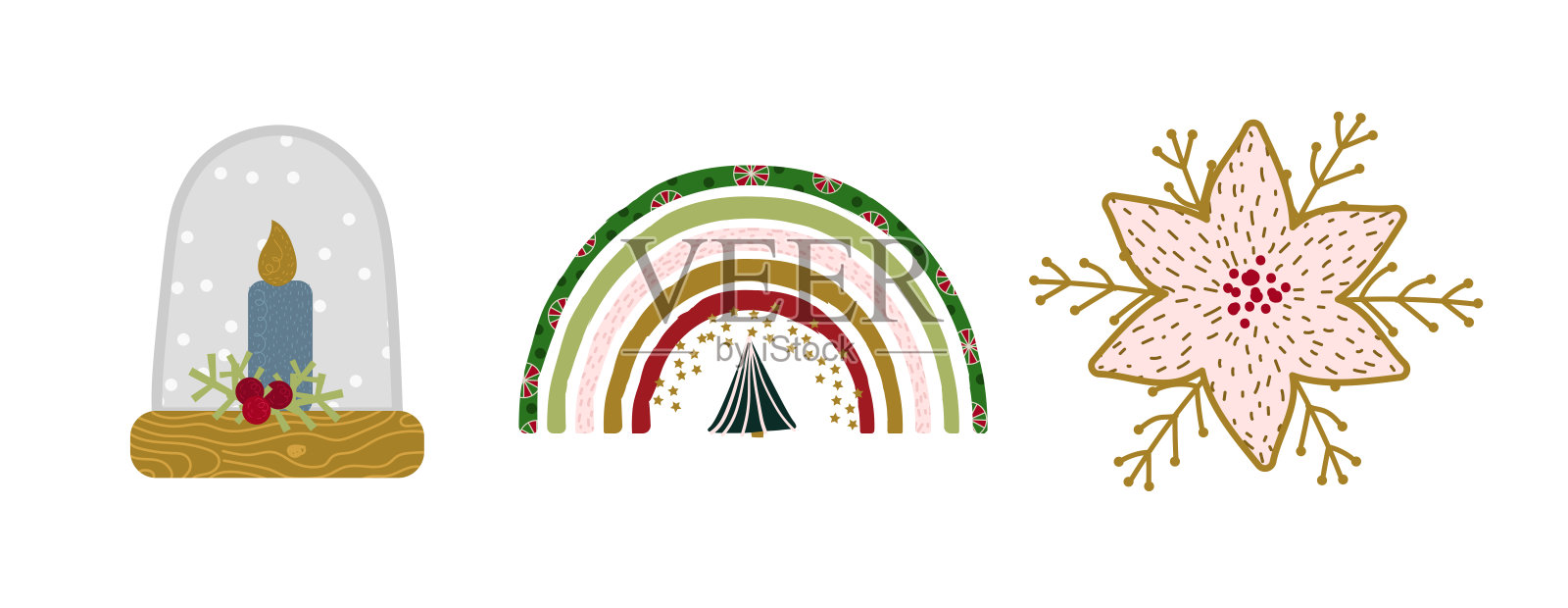 一套有趣的节日彩虹和其他圣诞元素，矢量插图，波西米亚圣诞彩虹。寒假剪纸插画图片素材